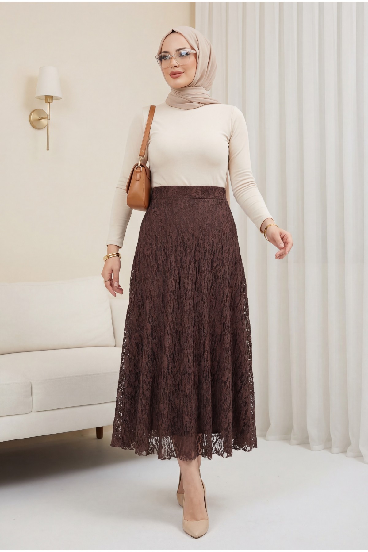 Patterned Lined Guipure Lace Skirt -Brown