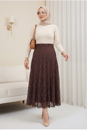 تنورة من الدانتيل الجيبور المبطن بنقوش -بنى