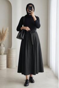 Button-front, lace-up parachute skirt -Black