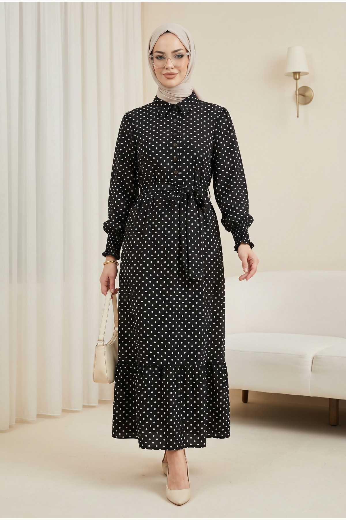 Tie-up Sleeve Elasticated Half-Button Shirt Collar Polyviscose Dress -Black