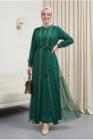 Önü Taş Ve İnci Detaylı Beli Bağcıklı İkili Abaya -Yeşil