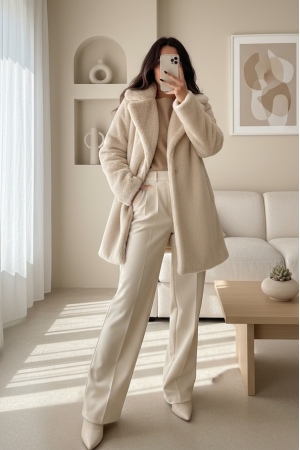 İçi Astarlı Cepli Kürklü Ceket -Taş