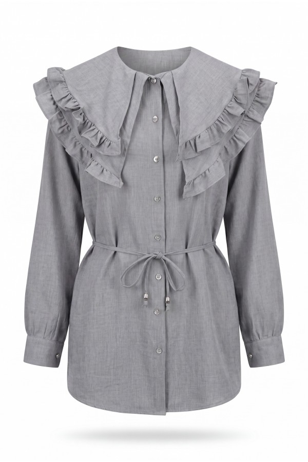 Linen Tunic with Double Layer Ruffled Collar, Buttoned Waist, and Drawstring -Grey