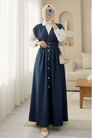 Buttoned V Neck Zero Sleeve Denim Vest -Navy blue