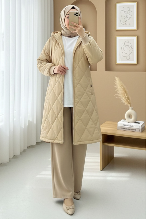 Hooded Pocket Zippered Lined Quilted Coat - Beige