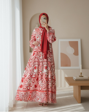 2423 Otantik Desenli Tesettür Elbise - N. Kırmızı