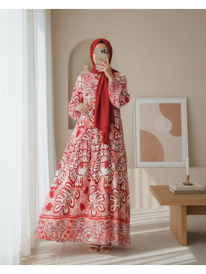 2423 Otantik Desenli Tesettür Elbise - N. Kırmızı
