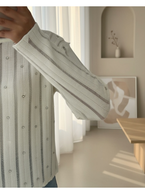 Taşlı Ajurlu Triko Kazak -Taş