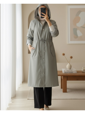 Astarı Çizgili Trençkot -Gri