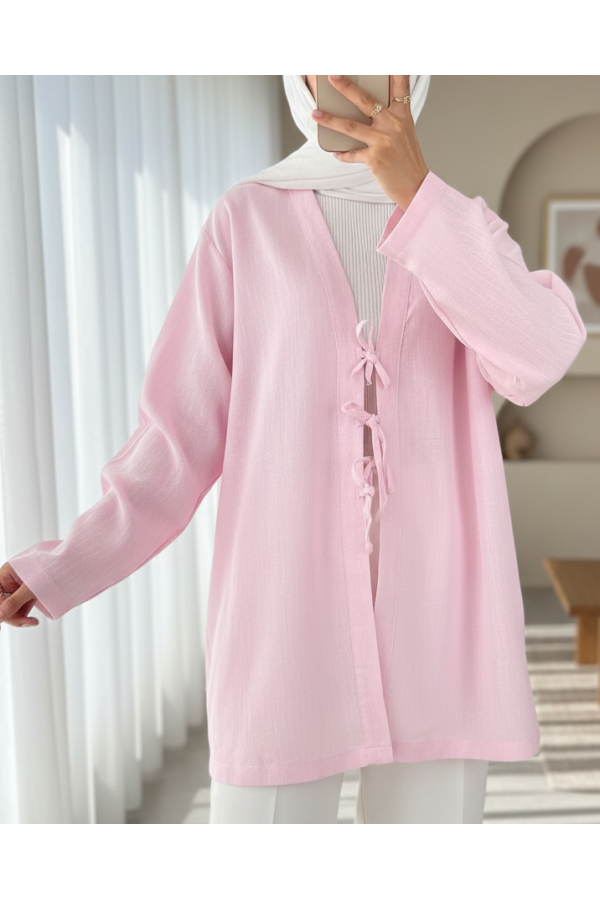 Linen Kimono with Three Laces in Front -Powder