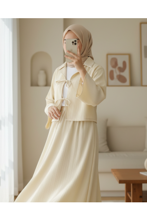 Front Tie Skirted Crinkle Suit - Beige