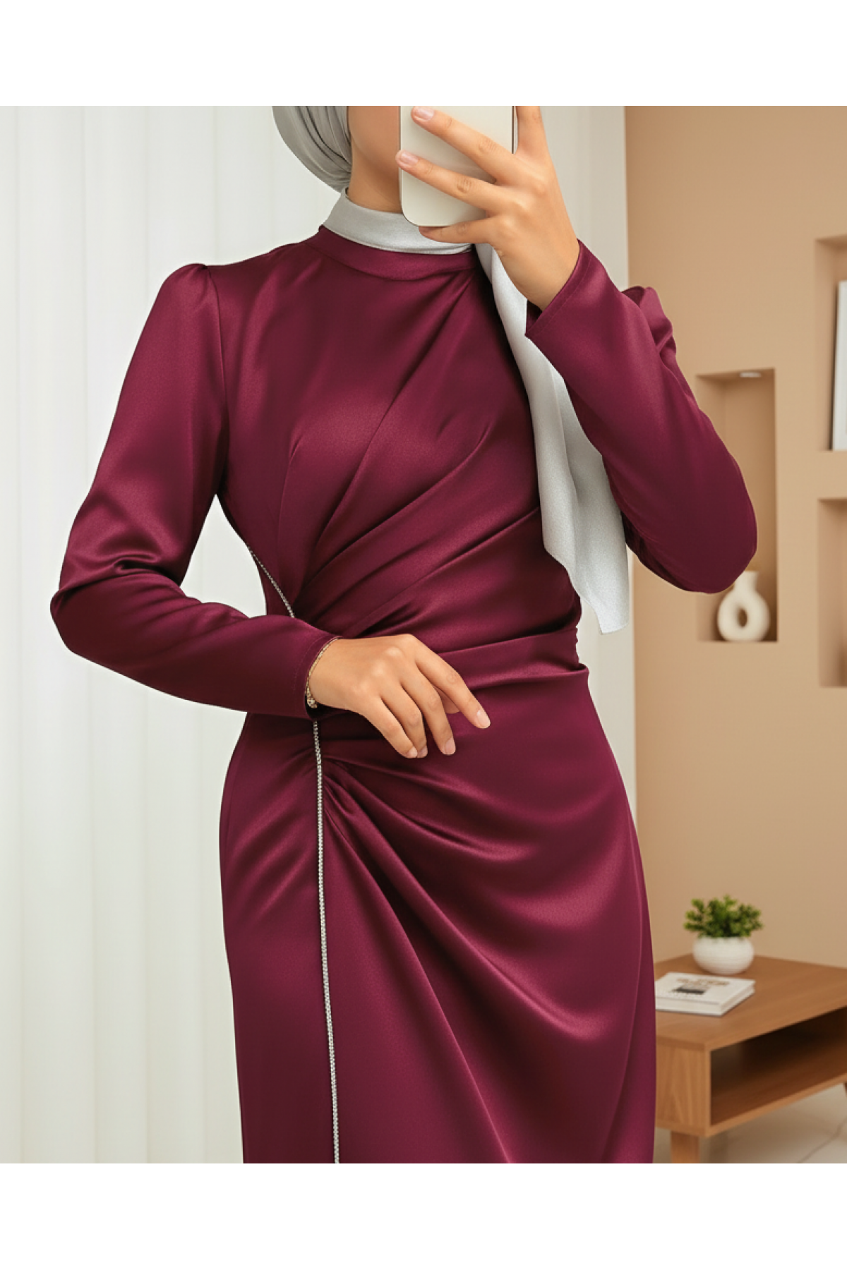 Stone-Striped, Draped-Waist Satin Evening Dress -Maroon