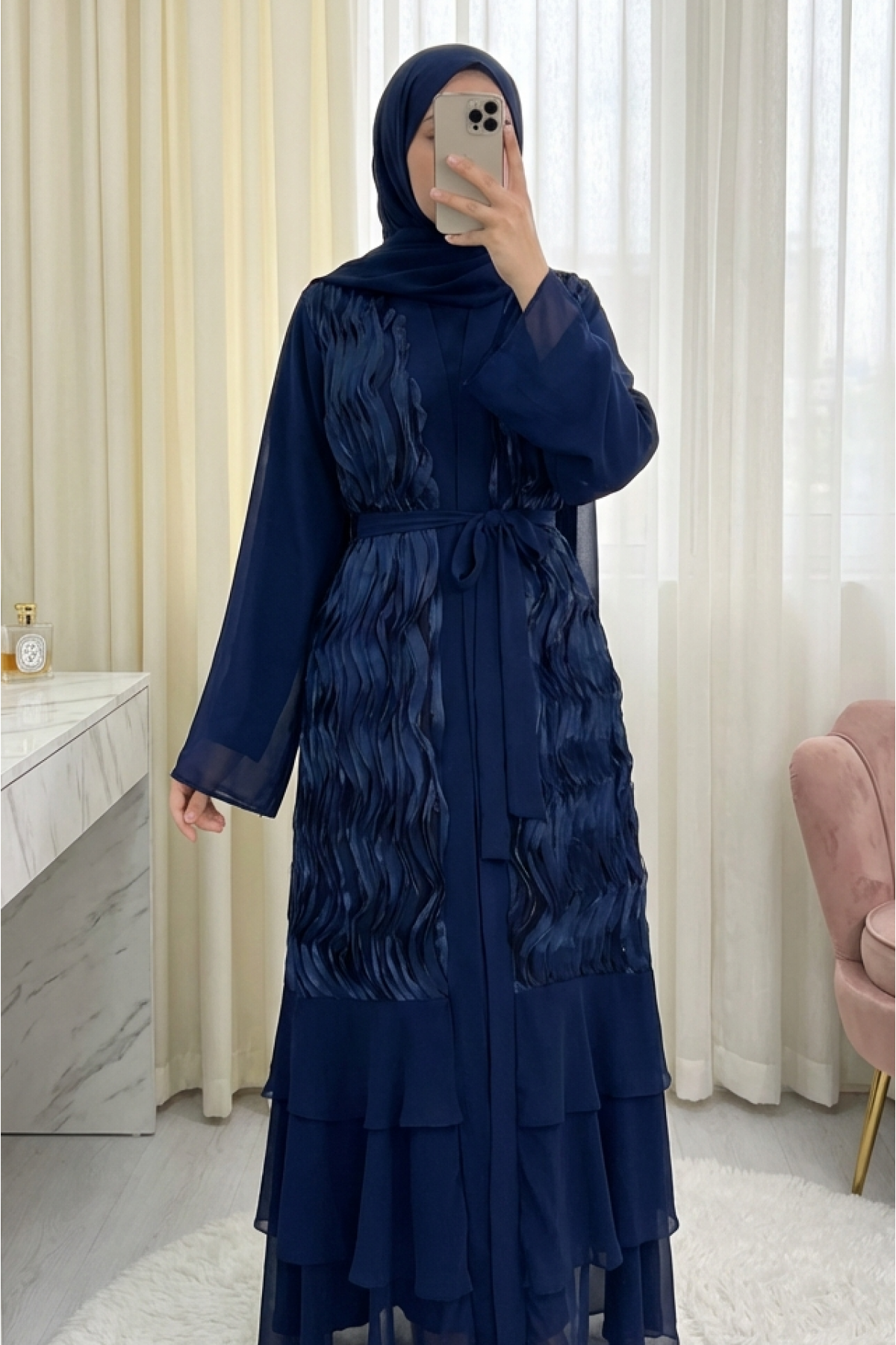 Önü Tül Detaylı Kemerli Eteği Katlı İkili Abaya Takım -Laci