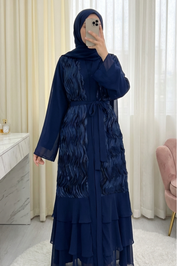 Two-piece abaya set with tulle detail at the front and a belted skirt. -Navy blue