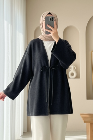 Önü Bağlamalı Deri Detaylı Salaş Kimono  -Antrasit