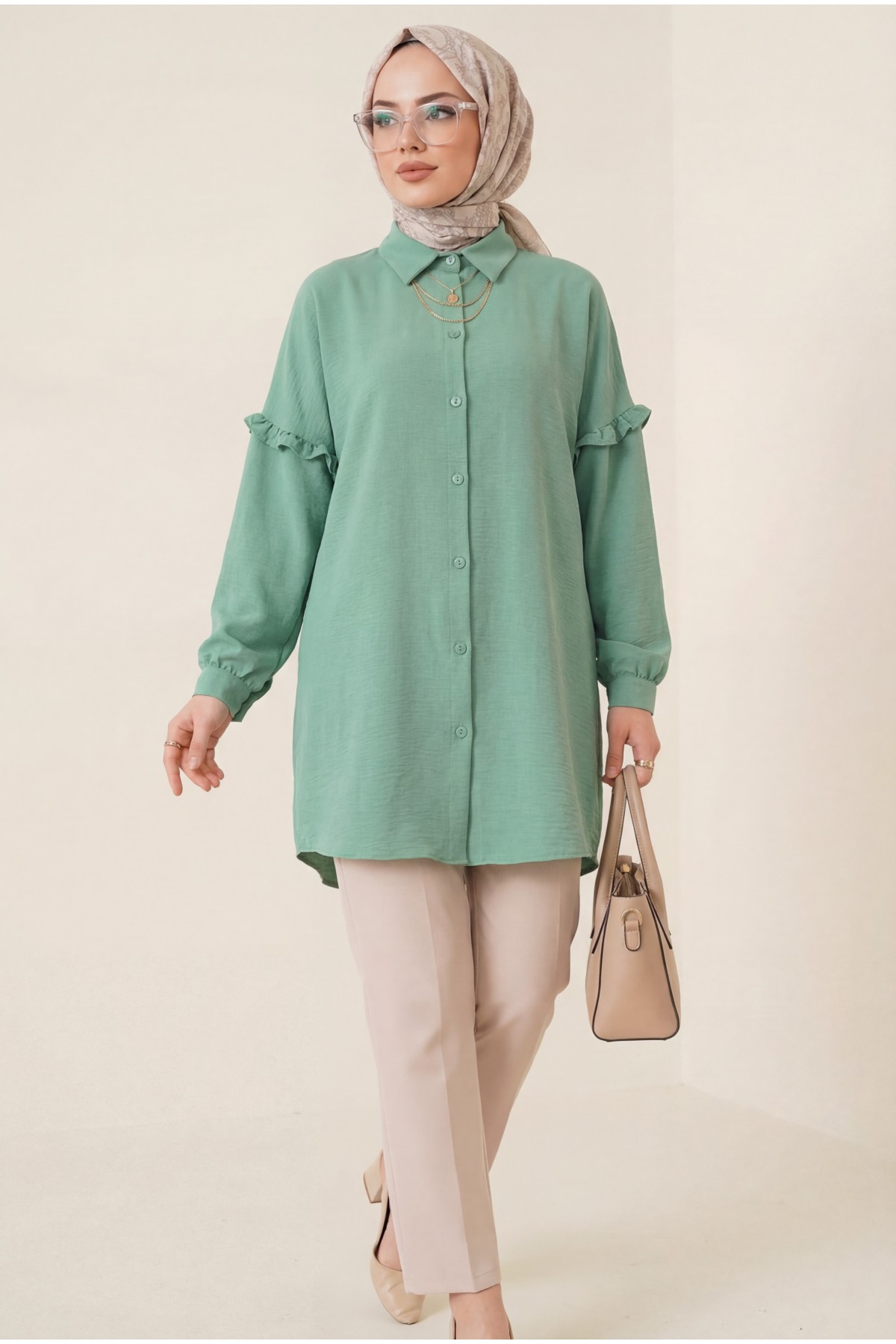 Casual Ayrobin Tunic with Stoned Frills on Sleeves -Cagla Green