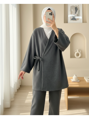 Çapraz Bağlamalı Kaşe Kimono -Füme