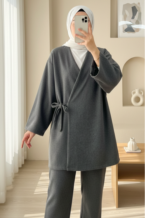 Çapraz Bağlamalı Kaşe Kimono -Füme