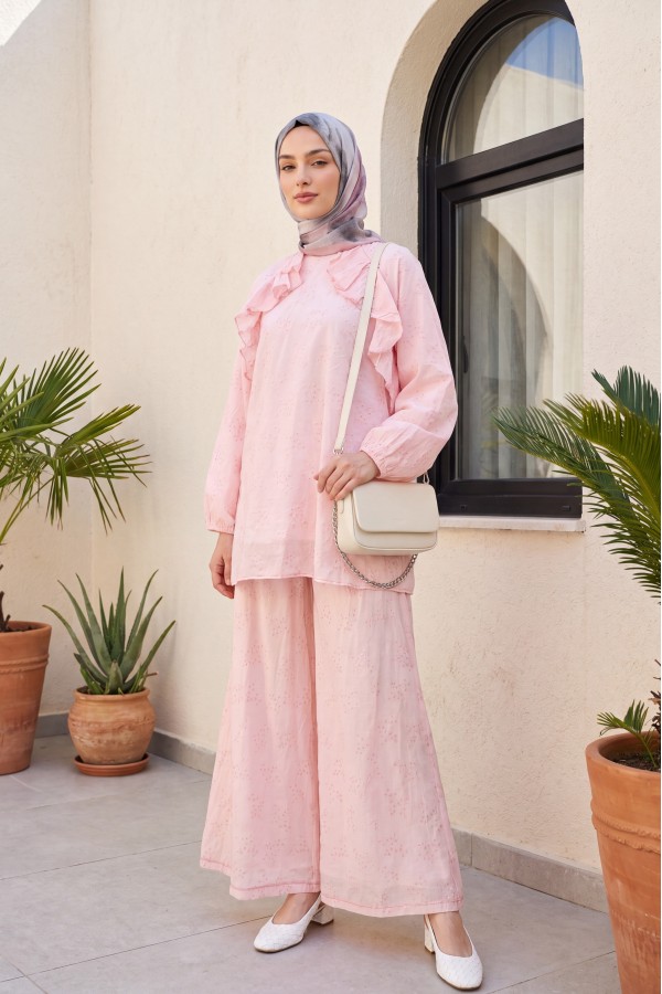 Crew Neck, Front Ruffled, Lined, Elasticated Sleeve Voile Set -Powder