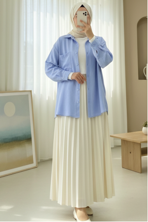 Tek Cepli Düğmeli Keten Gömlek -Bebe Mavi