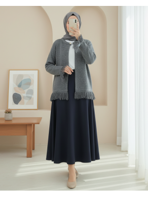 Tek Düğmeli Saçaklı Yumoş Triko Hırka   -Füme