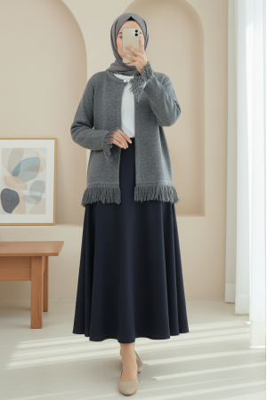 Tek Düğmeli Saçaklı Yumoş Triko Hırka   -Füme