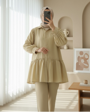 Shirt with Gathered Ruffle Detail on the Sleeve -Light Mink