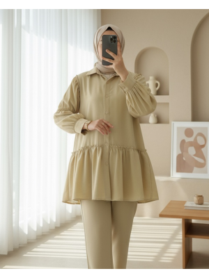 Koldan Büzgülü Fırfır Detaylı Gömlek -Açık Vizon