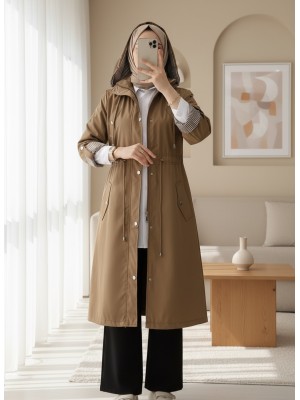 Astarı Çizgili Trençkot        -Taba