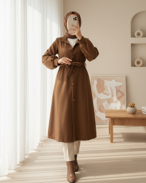 Belden Bağlamalı Top Düğmeli Kaşe Kaban   -Tarçın