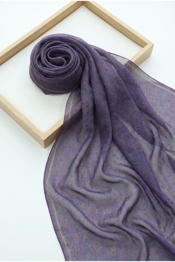Crisp Floral Patterned Voile Scarf -Dark purple