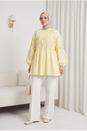 Kolları Lastikli Papatya Detaylı Poplin Tunik -Sarı