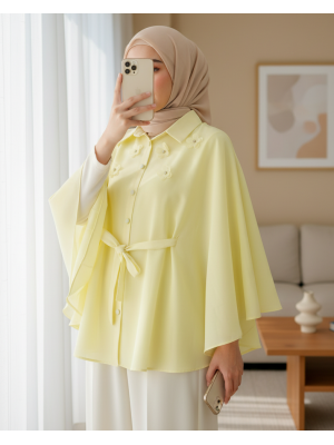 Önü Çiçek Detaylı Beli Bağcıklı Düğmeli Panço -Açık Sarı
