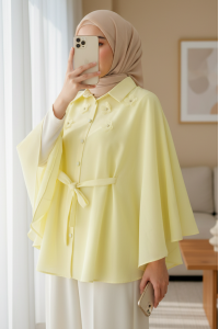 Önü Çiçek Detaylı Beli Bağcıklı Düğmeli Panço -Açık Sarı