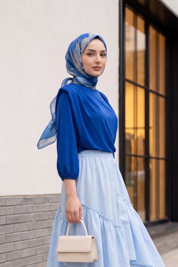 İçi Tulumlu Omuzdan Büzgülü Vatkalı Sendy Bluz -Saks