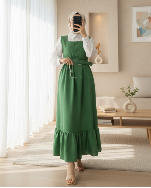 Button Up Dress with Ruffled Waist Belt   -Green