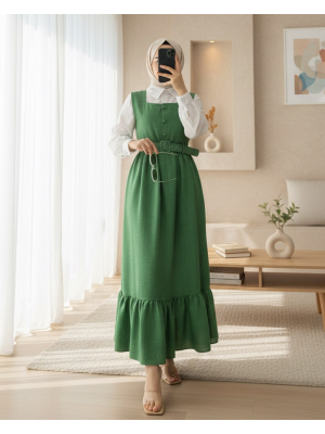 فستان  بأزرار  مع حزام  خصر  مكشكش   -أخضر