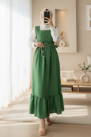 Top Düğmeli Altı Fırfırlı Beli Kemerli  Jile Elbise  -Yeşil