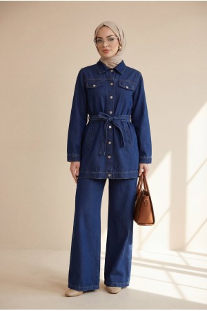 Düğmeli Beli Kemerli Cepli Kot İkili Takım  -Laci