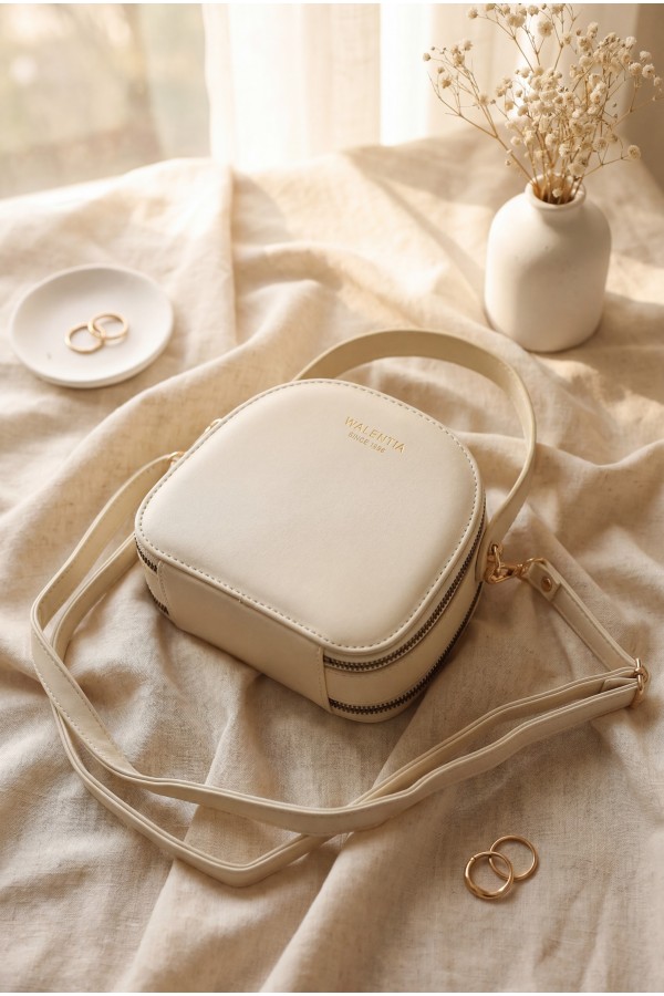 Minimalist Rounded Double Zip Crossbody Bag -Cream color