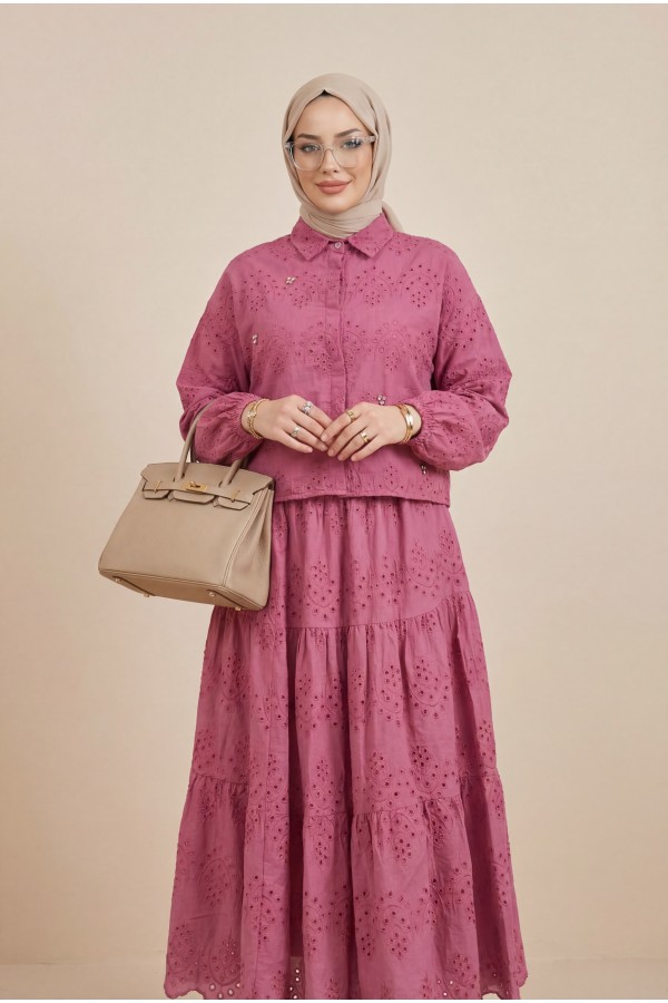 Skirted Suit with Scallop Detail  -Fuchsia