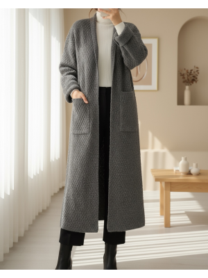 Çift Cepli Uzun Triko Hırka -Füme