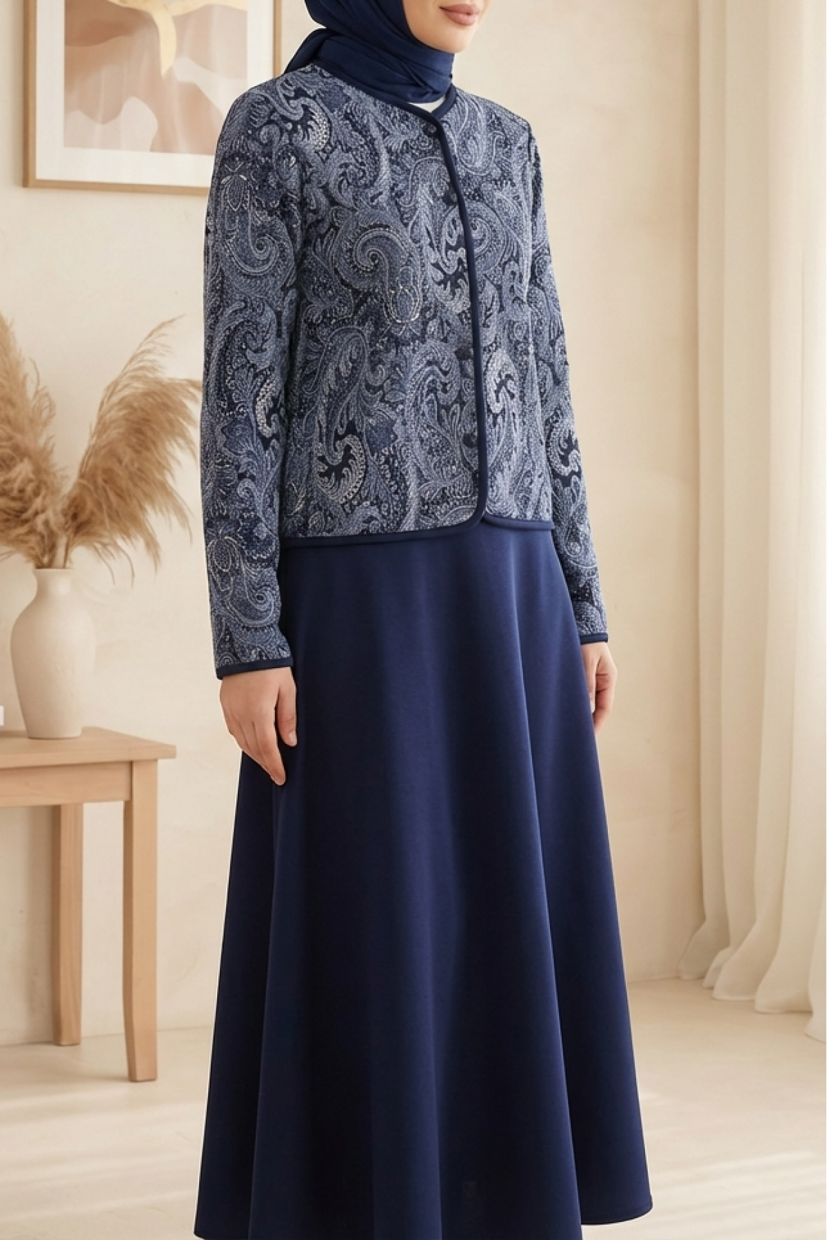 Ethnic Patterned Ball-Buttoned Scuba Suit -Navy blue