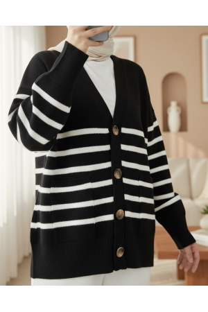 كارديجان مخطط بأزرار بجيب مزدوج  -أسود