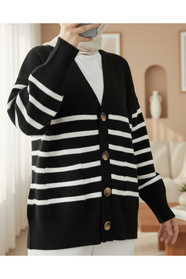 Double Pocket Striped Buttoned Cardigan  -Black