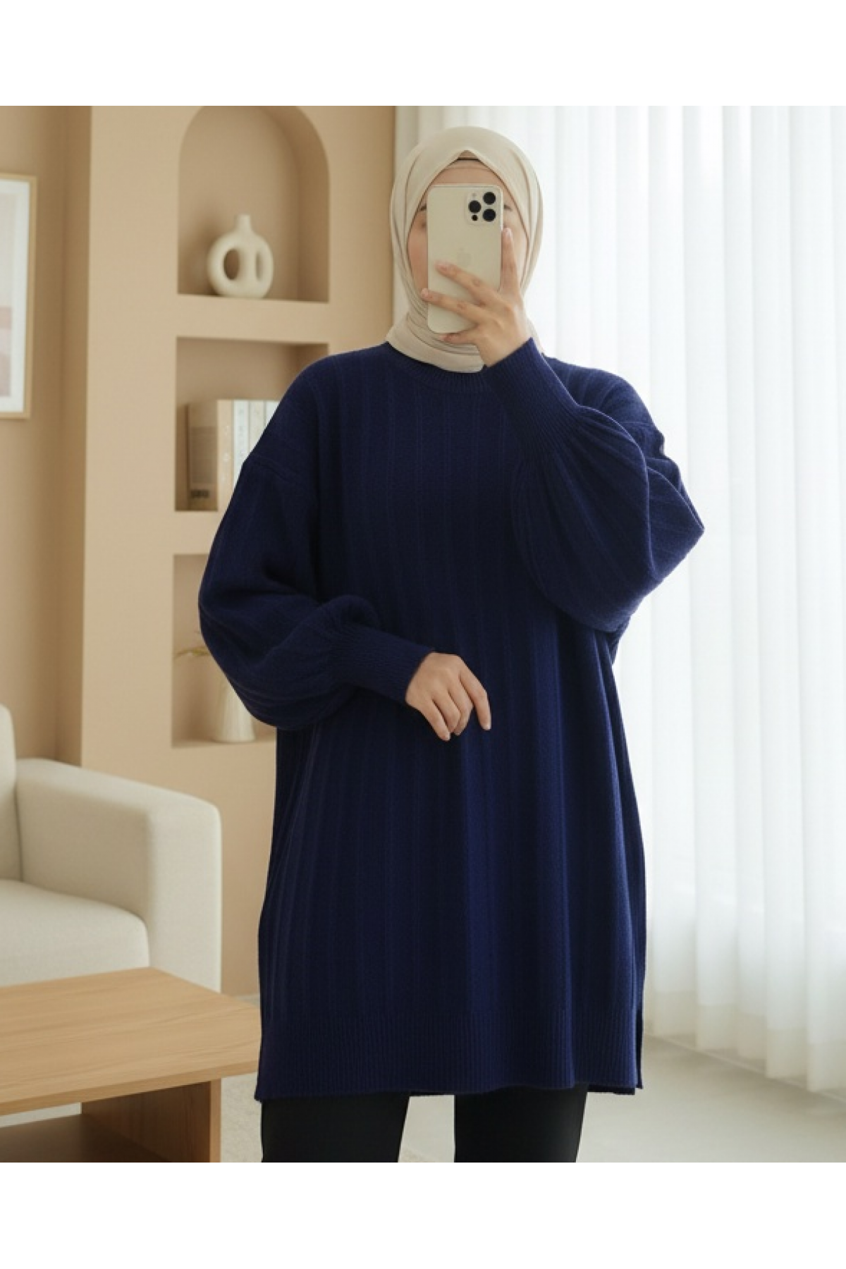 Soft Knit Tunic with Ribbed Slits -Navy blue