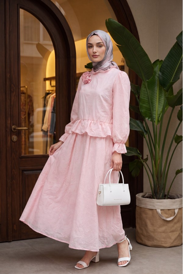 Rose Brooch Embellished, Elasticated Sleeve, Patterned, Lined, Voile Skirt Set  -Powder