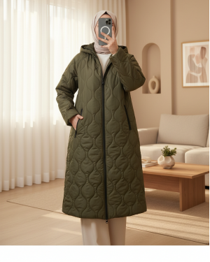 5177 Kapüşonlu Uzun Kapitone Mont - Haki