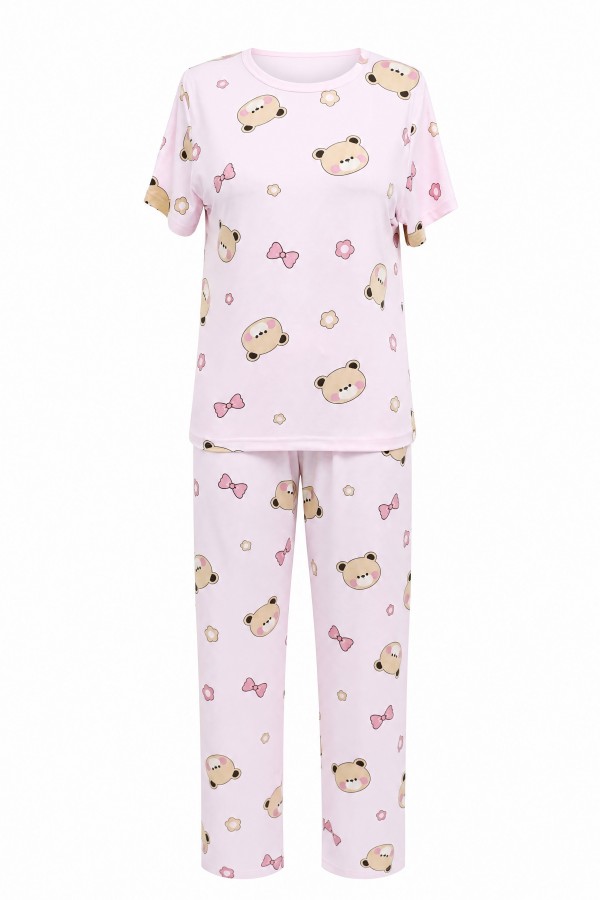 Karışık Figür Desenli Bisiklet Yaka Kısa Kol Penye Pijama Takımı -Pudra