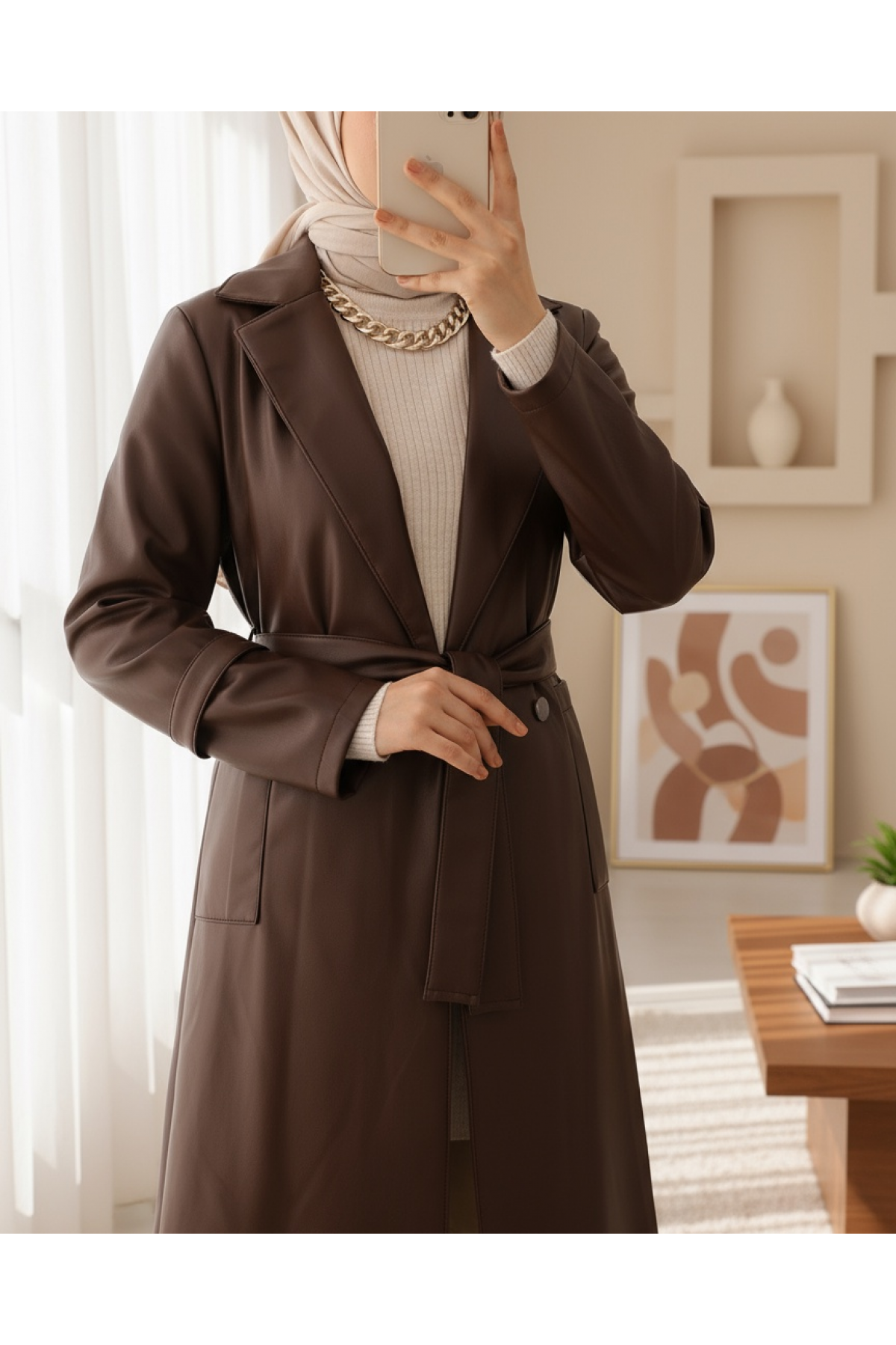Belt Pocket Hijab Leather Trench Coat -Brown